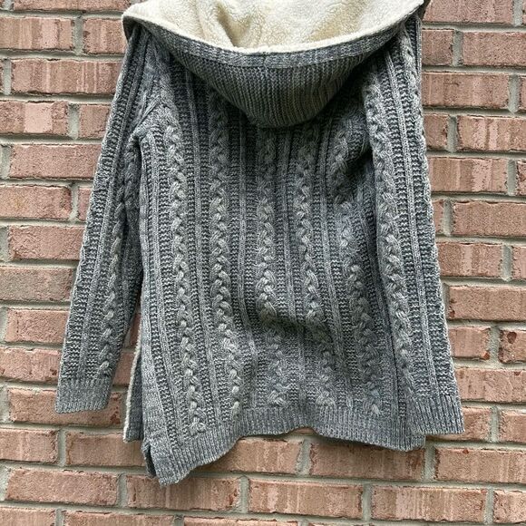 Gray and Cream Cable Knit Cardigan Sweater Hoodie - Picture 4 of 6